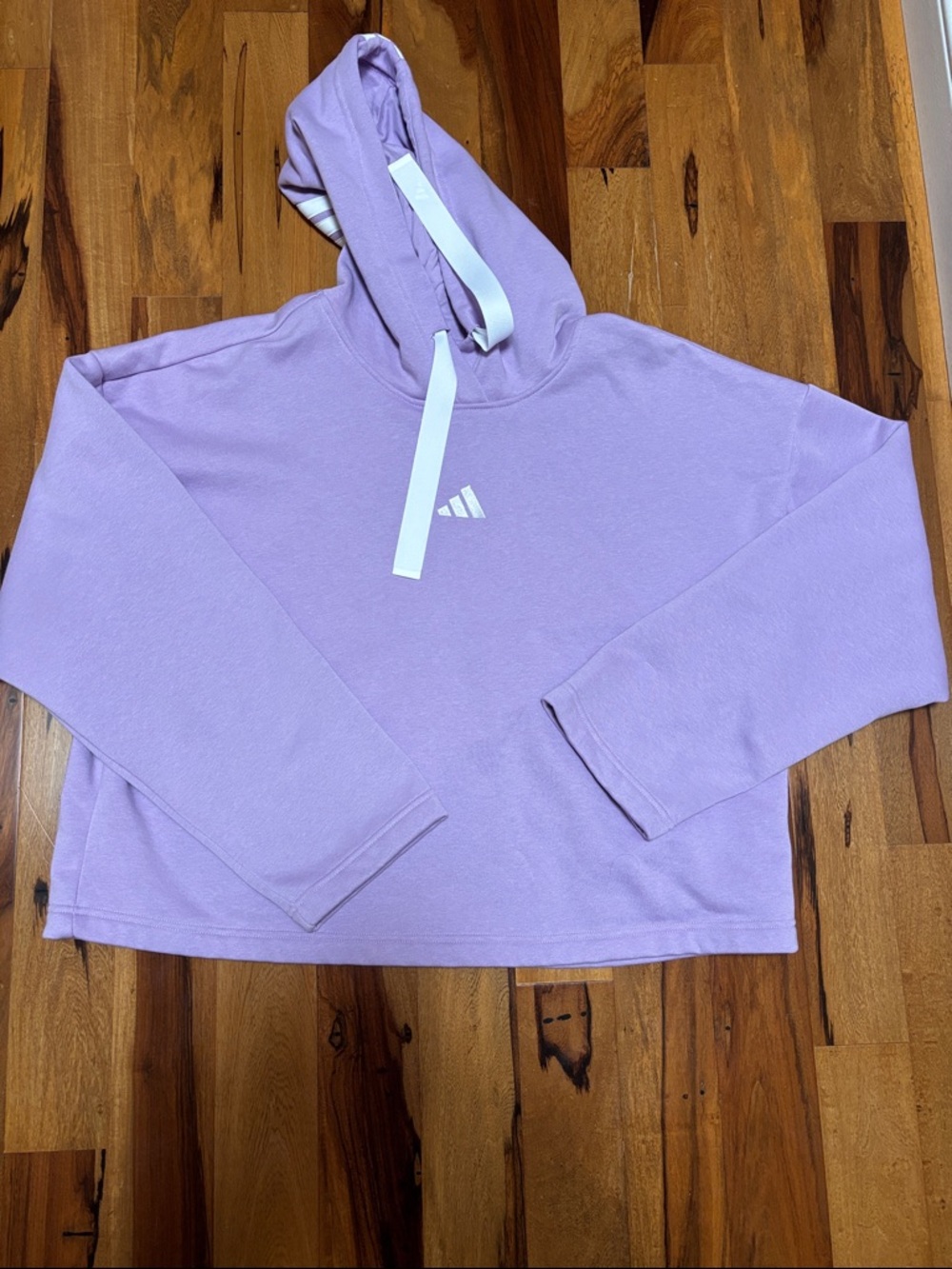 Brand new Adidas Lavender Cropped Hoodie with White Logo and Drawstrings